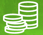 White icon of stacked coins on a green textured background illustrating irrigation franchise opportunities.