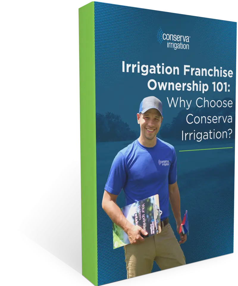 A smiling individual wearing a blue shirt and cap holds some papers and colorful flags. Text on the image reads, "Irrigation Franchise Ownership 101: Why Choose Conserva Irrigation?.